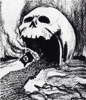 Political cartoon depicting German troops massing into a death's skull representing the city of Stalingrad. 